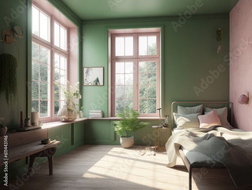 Pink and green cottage style interior room. Generative AI © Natee Meepian