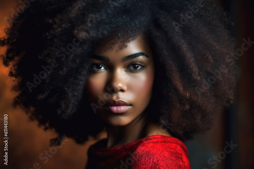 Beauty portrait of a black woman with afro hair. Composite with different elements made with generative AI