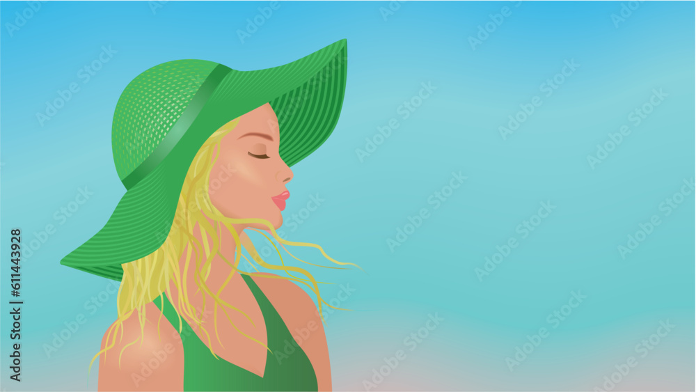 Beautiful girl, woman in profile against blue blurred sky. Dimension 16:9. Vector illustration
