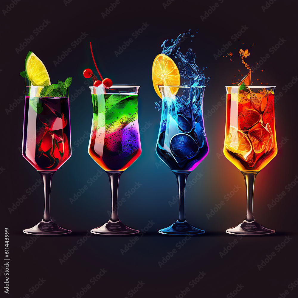 Ai generated illustration Assorted cocktails on black background.