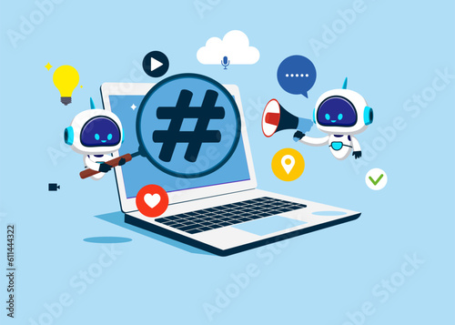 Robots with artificial intelligence.Communication with searchable Hashtag on a laptop denoting content. Modern vector illustration in flat style