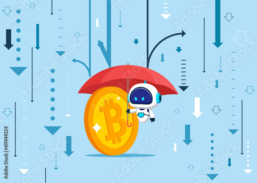 Money bitcoin under umbrella with robot. Business income protection. Flat modern vector illustration