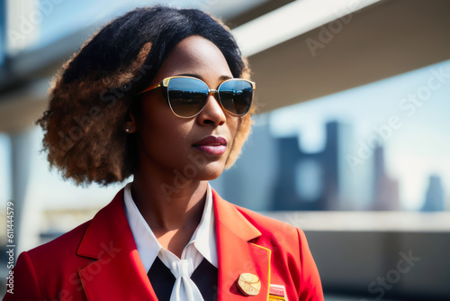 Portrait of the wonderful African american female stewardess takes a selfie against the background of the take-off field of New York airport. Generative AI © mikhailberkut