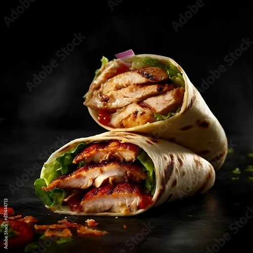 fresh grilled chicken wrap roll with flying ingradients and spices hot ready to serve and eat with copyspace-- Generative AI photo