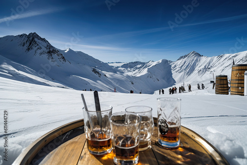 Ai generated illustration cold beer glass on the table with sunny winter mountains landscape at ski resort.
