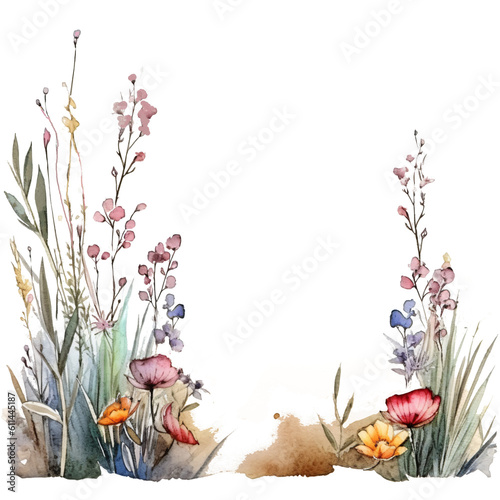slender side decor from grass and filigran flowers in watercolor design isolated against transparent