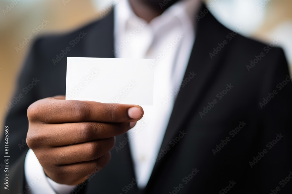 Business man holding white card, space to write, business concept, digital illustration. Generative AI Business man holding white card, space to write, business concept, digital illustration. Generative AI