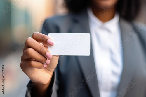 Businesswoman holding white card, space to write, business concept, white background, digital illustration. Generative AI