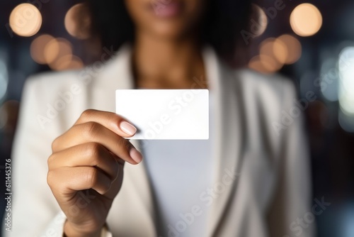 Businesswoman holding white card, space to write, business concept, white background, digital illustration. Generative AI