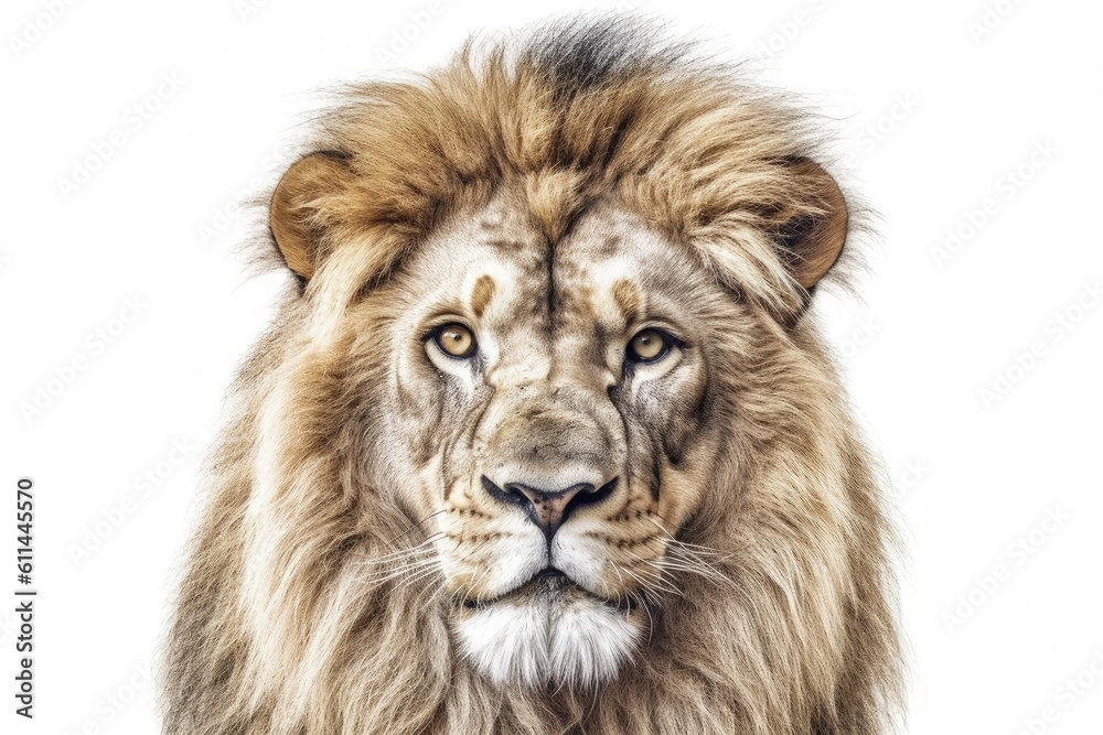 Wild lion on white background, wildlife concept. Generative AI