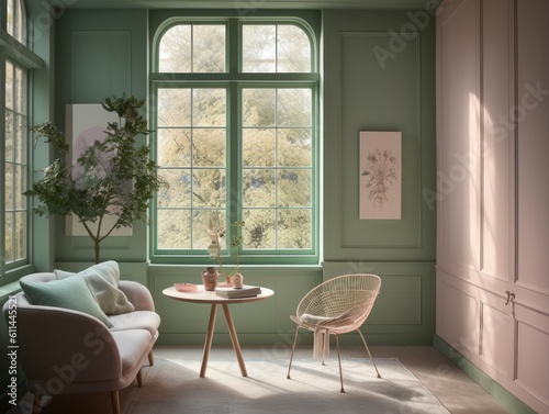 Pink and green cottage style interior room. Generative AI