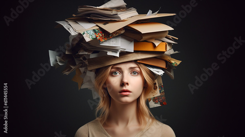 Portrait of stressed out woman with papers bills on her head. stress, work, bills, visual of stress and anxiety on mind. Generated by AI
