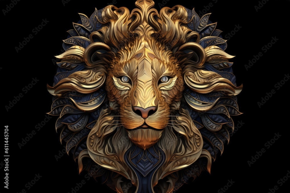 Lion face with golden details, wildlife concept. Generative AI