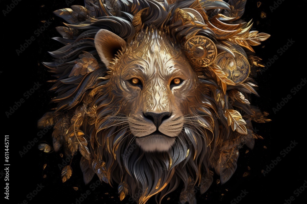 Lion face with golden details, wildlife concept. Generative AI Lion face with golden details, wildlife concept. Generative AI
