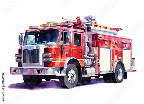 Fényképezés Fire truck, watercolor isolated on white or transparent background