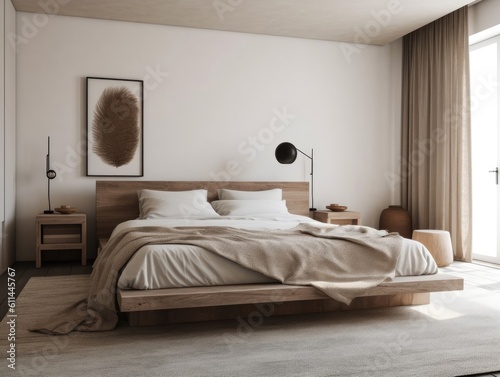 Bright beige wooden bedroom  minimal modern style. Generative AI