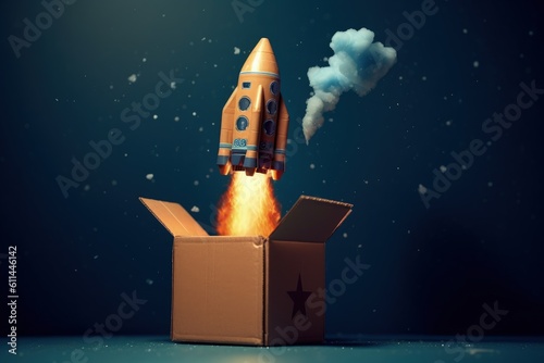 Rocket taking off from cardboard box, delivery concept. Generative AI