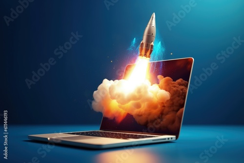 Billede på lærred Rocket coming out of laptop screen, innovation and creativity concept, background