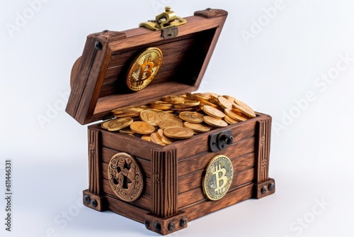 Wooden chest with full of gold, riches concept, digital illustration. Generative AI