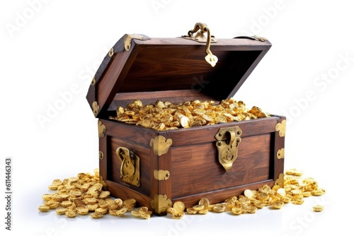 Wooden chest with full of gold, riches concept, digital illustration. Generative AI