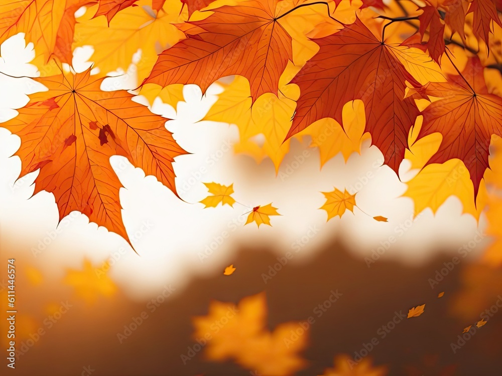 Flying fall maple leaves on autumn background. ai generative