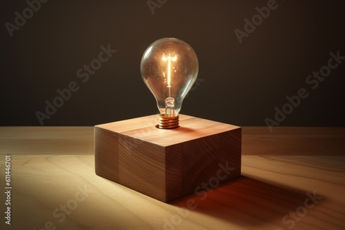 Light bulb on wooden block, ideas and creativity concept, digital illustration. Generative AI