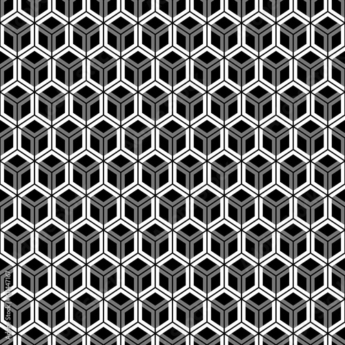 Repeated color polygons tessellation on white background. Seamless surface pattern design with regular hexagons. Hexagonal grid motif. Honeycomb wallpaper. Digital paper for web designing. Vector art.