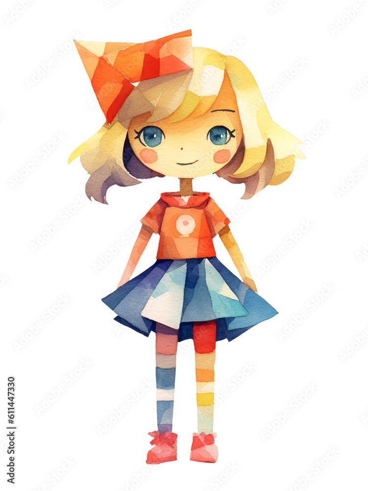 Cute girl doll cartoon character illustration in a lovely dress with striped socks, watercolor isolated on white or transparent background. Generative AI
