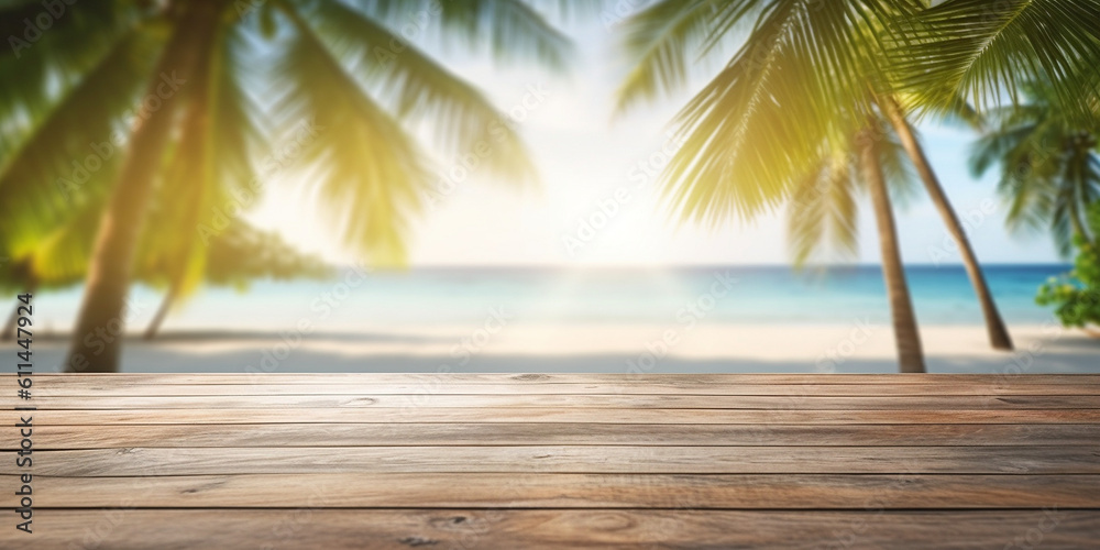 Strand mit Steg und Palmen mit Meer unscharf, ai generativ Strand mit Steg und Palmen mit Meer unscharf, ai generativ