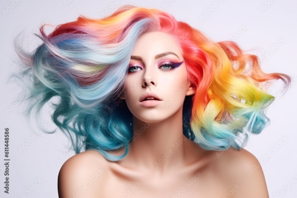 Fototapeta premium Beautiful woman with multi-colored rainbow hair and creative make up and hairstyle. Beauty face. Generative Ai.