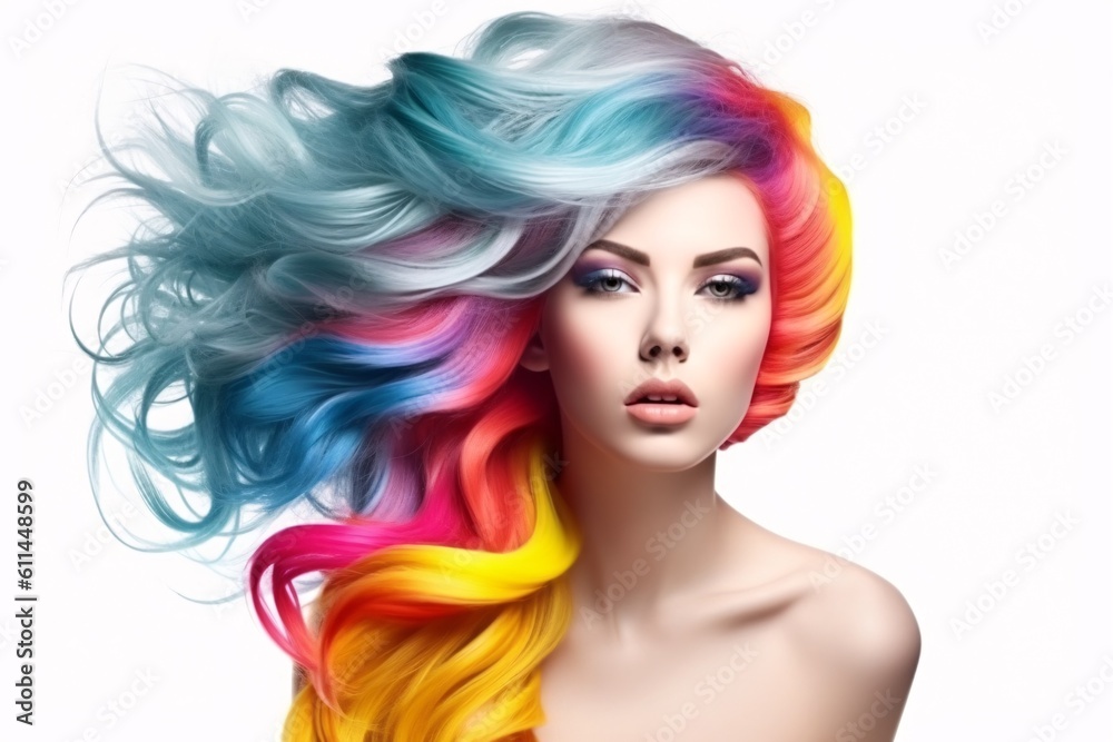 Beautiful woman with multi-colored rainbow hair and creative make up and hairstyle. Beauty face. Generative Ai.