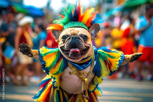 A funny French Bulldog in a multi-colored costume is dancing at the Brazilian Carnival. Generated AI