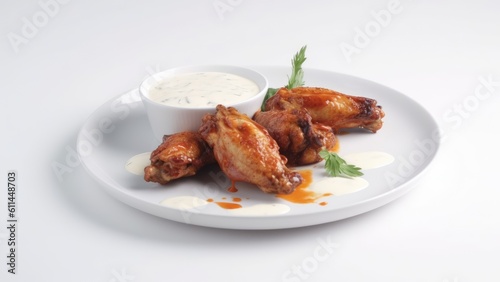 A plate of grilled chicken wings with hot sauce and blue cheese dressing on White Background with copy space for your text created with generative AI technology