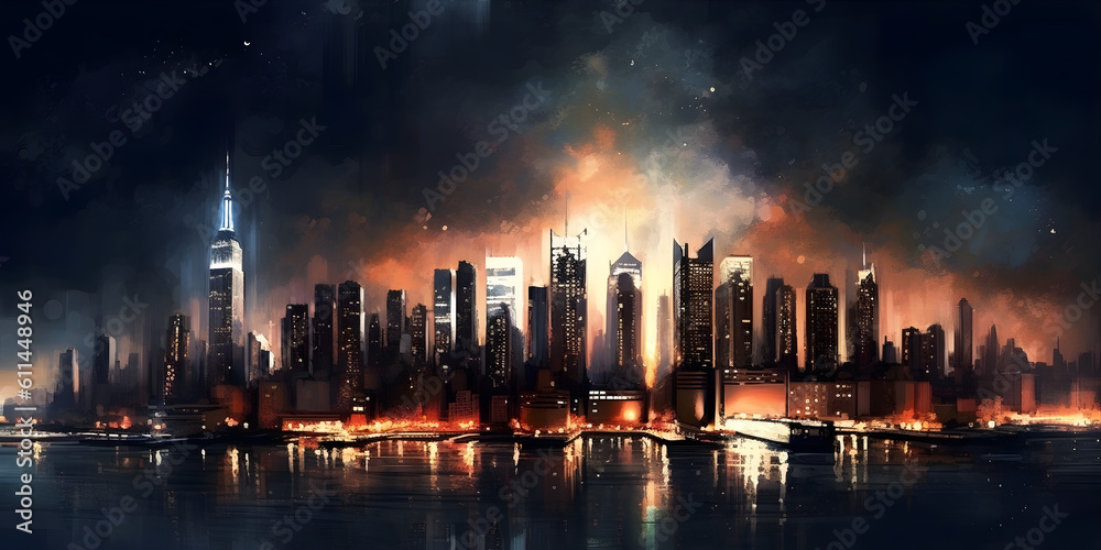 Fototapeta premium Cityscape at Night: A stunning view of a metropolitan skyline illuminated by city lights. Generative ai.