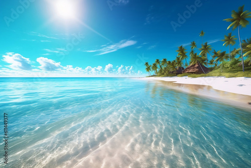 Tropical paradise beach with white sand and crystal clear blue water. Beautiful natural summer vacation holidays background. Travel tourism wide panorama background concept. digital ai art
