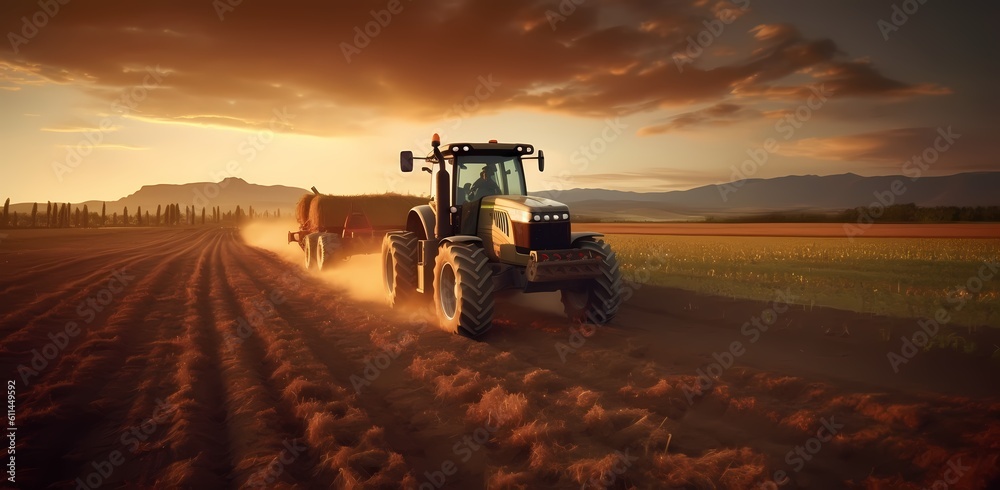 Fototapeta premium Sunset in the countryside. Tractor on a large field, creating beds to sow seeds into purified soil. The agricultural vehicle. Generative Ai.