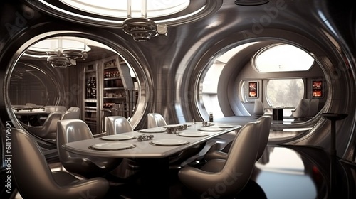 Futuristic and cozy space station dining area, shiny surfaces made of glamorous metal Generative AI