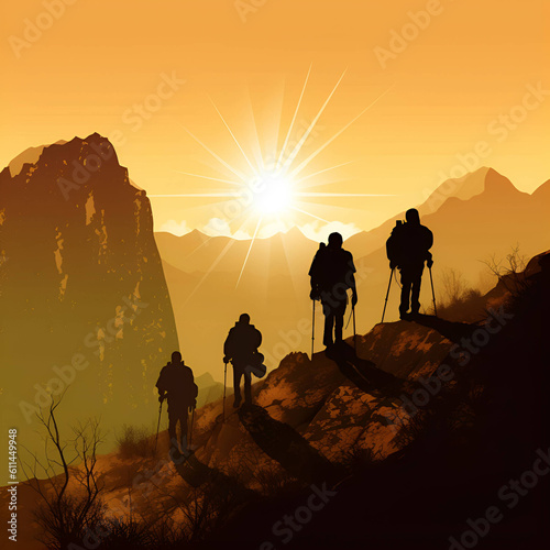 Silhouettes of four people hiking in mountains 