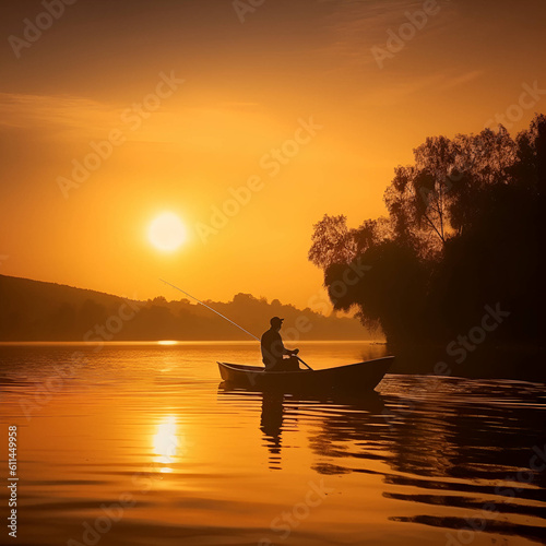 Fishing man in boat in sunset 