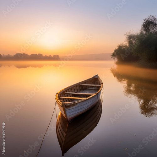 One boat in water in sunrise , foggy background  © Marina