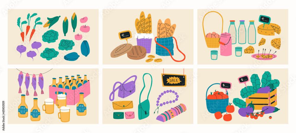 Big set of illustrations of fair of local products. Market for home products, food and drinks. Vegetables and fruits, craft beer, leather and jewelry, bread, dairy and eggs. Tent for trading in market