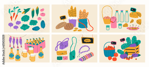 Big set of illustrations of fair of local products. Market for home products, food and drinks. Vegetables and fruits, craft beer, leather and jewelry, bread, dairy and eggs. Tent for trading in market