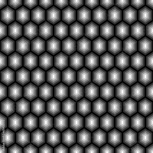 Repeated color figures on black background. Honeycomb wallpaper. Seamless surface pattern design with regular hexagons. Polygons motif. Digital paper for page fills, web designing, textile print.