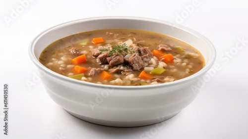 A warm bowl of beef and barley soup with vegetables and herbs on White Background with copy space for your text created with generative AI technology