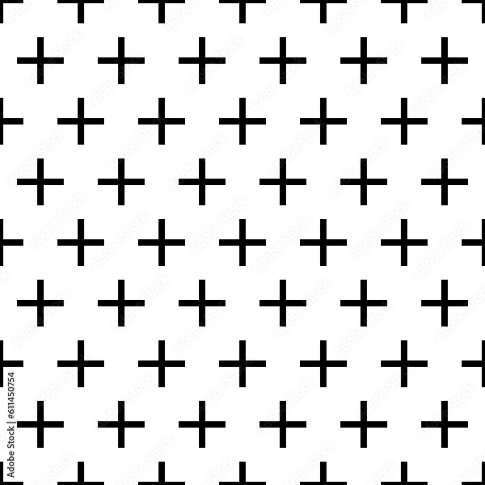 Crosses wallpaper. Repeated black figures on white background. Seamless surface pattern design with polygons. Mosaic motif. Digital paper for page fills, web designing, textile print.
