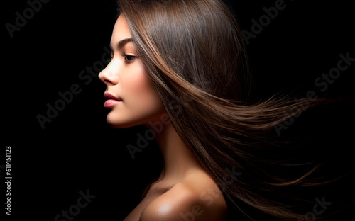 Beautiful young brunette woman with shiny hair. Hair advertisement. AI generated