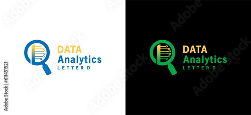 Desain logo analisis data dengan kaca pembesar berbentuk huruf D