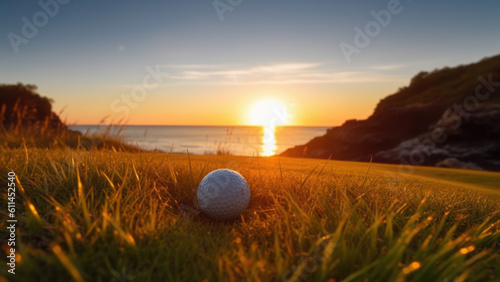 Golf ball on the green grass with the blue calm ocean in the background - Generative AI