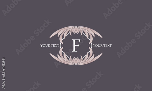 Floral monogram for cards, invitations, menus, labels with the letter F in the center. Graphic design for pages, business signage, boutiques, cafes, hotels.