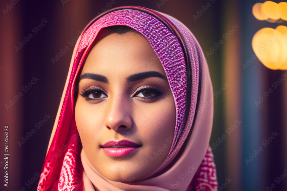 Digital portrait of the beautiful Arab woman with hijab in traditional clothes at the neon night Dubai city street. Generative AI Digital portrait of the beautiful Arab woman with hijab in traditional clothes at the neon night Dubai city street. Generative AI